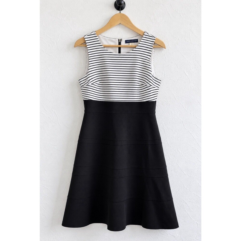 Tommy Hilfiger Dress Womens 10 Classic Striped Fit Flare Workwear Black White